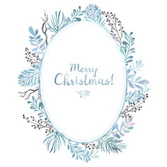 Merry Christmas card! Watercolor oval frame of different branches - winter mood!