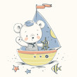 Cute baby bear sailor on a boat cartoon hand drawn vector illustration. Can be used for baby t-shirt print, fashion print design, kids wear, baby shower celebration, greeting and invitation card.