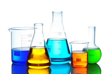 Wall Mural - laboratory glassware set with color liquid and reflection. isolated on white background