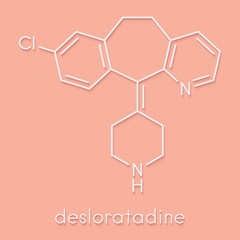 Sticker - Desloratadine antihistamine drug molecule. Used to treat hay fever, urticaria and allergies. Skeletal formula.