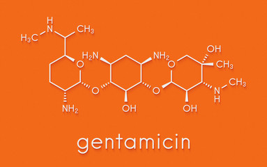 Sticker - Gentamicin antibiotic drug (aminoglycoside class) molecule. Skeletal formula.