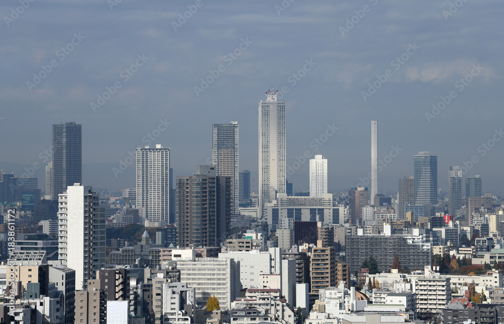 Contour Cut Stickers 日本の東京都市風景 スポット光があたる高層ビルなどを望む 池袋の高層ビル群などを望む Nikkel Art