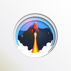 Aufkleber - Rocket ship to space paper art style design.Business startup concept.Vector illustration.