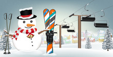 Let's Go Skiing With Snowman With  Ski Equipment