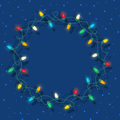 Wall Mural - Circle frame of glowing coloful Christmas lights on blue background. Gradient free vector illustration for greeting cards, banners, design templates.