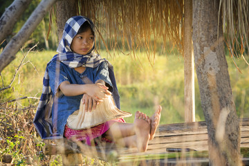 Wall Mural - Asian farmer girl working at rice field on harvest season, selective and soft focus