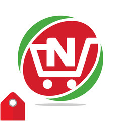 Logo icon for shopping business, illustrated in circle logo with the visual concept of shopping cart and the initials name, letter N