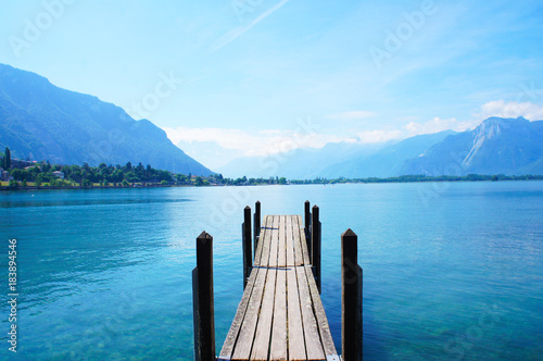 Cuadros en Lienzo Old boat dock near Chateau de Chillon, Montreux, Switzerland at leman geneva lak