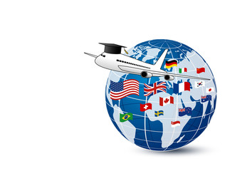 Wall Mural - Study abroad concept design of airplane and world education with national flag on white background vector illustration