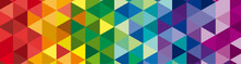 Banner Vector Geometric Background, Mosaic Of Triangles And Cubes In Rainbow