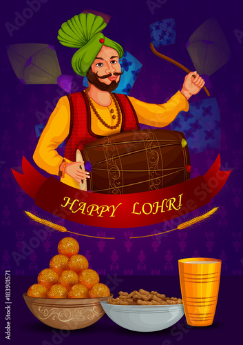 Cuadros en Lienzo Happy Lohri Punjabi religious holiday background for harvesting festival of Indi