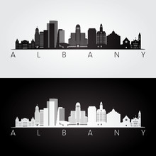 Albany Usa Skyline And Landmarks Silhouette, Black And White Design, Vector Illustration.