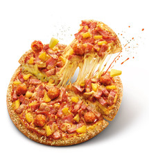 Delicious Thin Flame Grilled Ham And Pineapple Pizza With Mozzarella Cheese And Crack Isolated On White