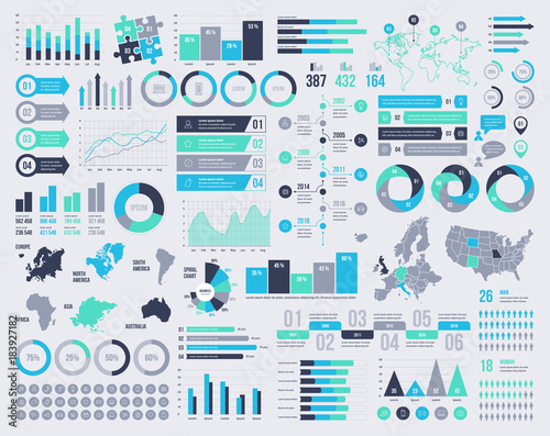 Cuadros en Lienzo Big set of vector infographic elements with maps and icons.