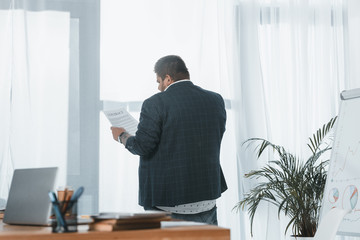 Wall Mural - back view of overweight businessman in suit reading document at window in office