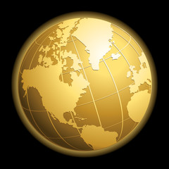 Gold vector globe on black background. Business or technology icon concept.