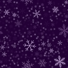 Violet Snowflakes Seamless Pattern On Purple Christmas Background. Chaotic Scattered Violet Snowflakes. Pretty Christmas Creative Pattern. Vector Illustration.