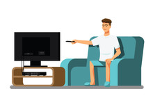 Man Watching TV Happily On A White Background  ,Vector Illustration
