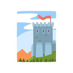 Wall Mural - Cartoon landscape with magnificent castle, mountains and forest. Medieval fortress on green hill, blue sky behind it. Flat vector for poster, web or mobile app