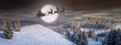 Christmas background, fairy tale scene with Santa on the sleigh  and reindeer flying on the sky ,in a winter wonderland landscape, scenery, with trees, snow and full moon in the Christmas eve 