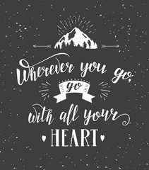 Wall Mural - Mountain and forest. Vector hand drawn travel illustration for t-shirt print or poster with hand-lettering quote.