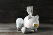 Piggy bank with money and light bulbs on wooden background