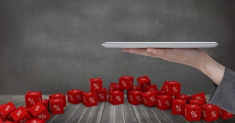 Poster - Hands holding tablet with percent symbol icon