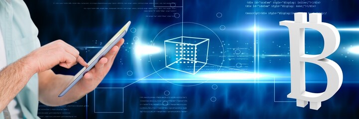 Poster - Hands holding tablet with bitcoin symbol icon
