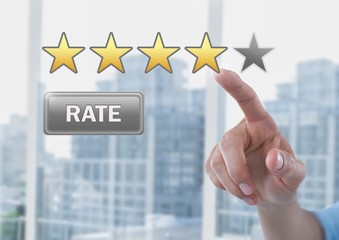 Poster - Hand pointing at Rate button and star reviews in city office
