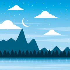 Poster - landscape night mountains forest pine tree and sky moon vector illustration