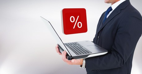 Poster - Hand holding laptop with percent symbol icons