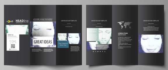 Tri-fold brochure business templates on both sides. Abstract design vector layout. Halftone dotted background, retro style grungy pattern, vintage texture. Halftone effect with black dots on white.