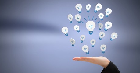 Poster - Hand open with 3D light bulb idea icons