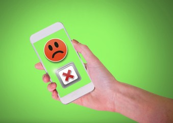 Poster - Hand holding phone with sad smiley face and X negative wrong