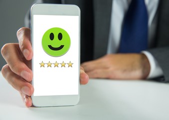 Poster - Hand holding phone with smiley face and 5 star feedback review