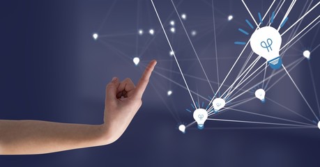 Poster - Hand touching 3D light bulb idea connected icons