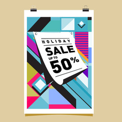 Leinwandbilder - Holiday 50% discount and Sale, Memphis Style Poster Design. Fashion and Travel Discount Poster. Vector holiday Abstract Colorful Illustration with Special offer and Promotion.