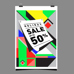 Aufkleber - Holiday 50% discount and Sale, Memphis Style Poster Design. Fashion and Travel Discount Poster. Vector holiday Abstract Colorful Illustration with Special offer and Promotion.