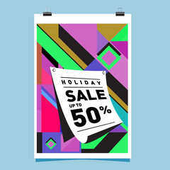 Leinwandbilder - Holiday 50% discount and Sale, Memphis Style Poster Design. Fashion and Travel Discount Poster. Vector holiday Abstract Colorful Illustration with Special offer and Promotion.
