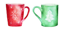 Set Of Two Different Mugs, Red And Green, Decorated With Snowflake And Fir Tree Patterns. Friendly Conversation, Chatting. Hand Drawn Watercolour Holiday Illustration, Isolated, White Background.