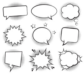 Wall Mural - retro empty comic bubbles and elements set with black halftone shadows. vector illustration, vintage