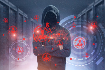 Poster - Unrecognizable hacker, server, HUD, network