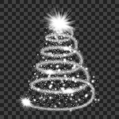 Silver particle wave in form of christmas tree with bright shining and glowind particles isolated on transparent background. Glitter bright trail, glowing wave vector illustration