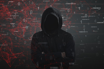 Poster - Hacker in a black hoodie, zeros and ones