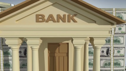 Wall Mural - Bank building with dollar banknotes.  Zoom out. 3D rendering.