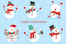 Set Of Winter Holidays Snowman. Cheerful Snowmen In Different Costumes. Snowman Chef, Magician, Snowman With Candy And Gifts