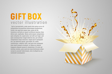 Wall Mural - Isolated open box with gold ribbons and confetti splash on white background. Holidays vector illustration with empty space for text