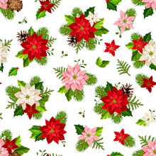 Vector Christmas Seamless Pattern With Red, Pink And White Poinsettia Flowers, Fir-tree Branches And Cones.