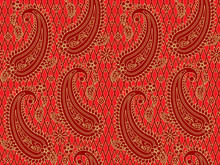 Seamless (you See Two Tiles) Red And Gold Paisley Pattern, Print, Swatch, Background Or Wallpaper, Suitable For Holiday, Celebrations, Christmas Designs And Projects
