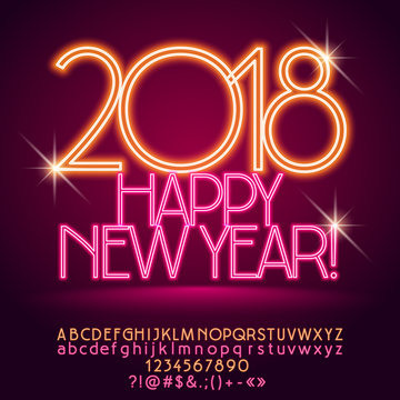 Vector colorful Neon Happy New Year 2018 Greeting Card with set of Letters, Symbols and Numbers.